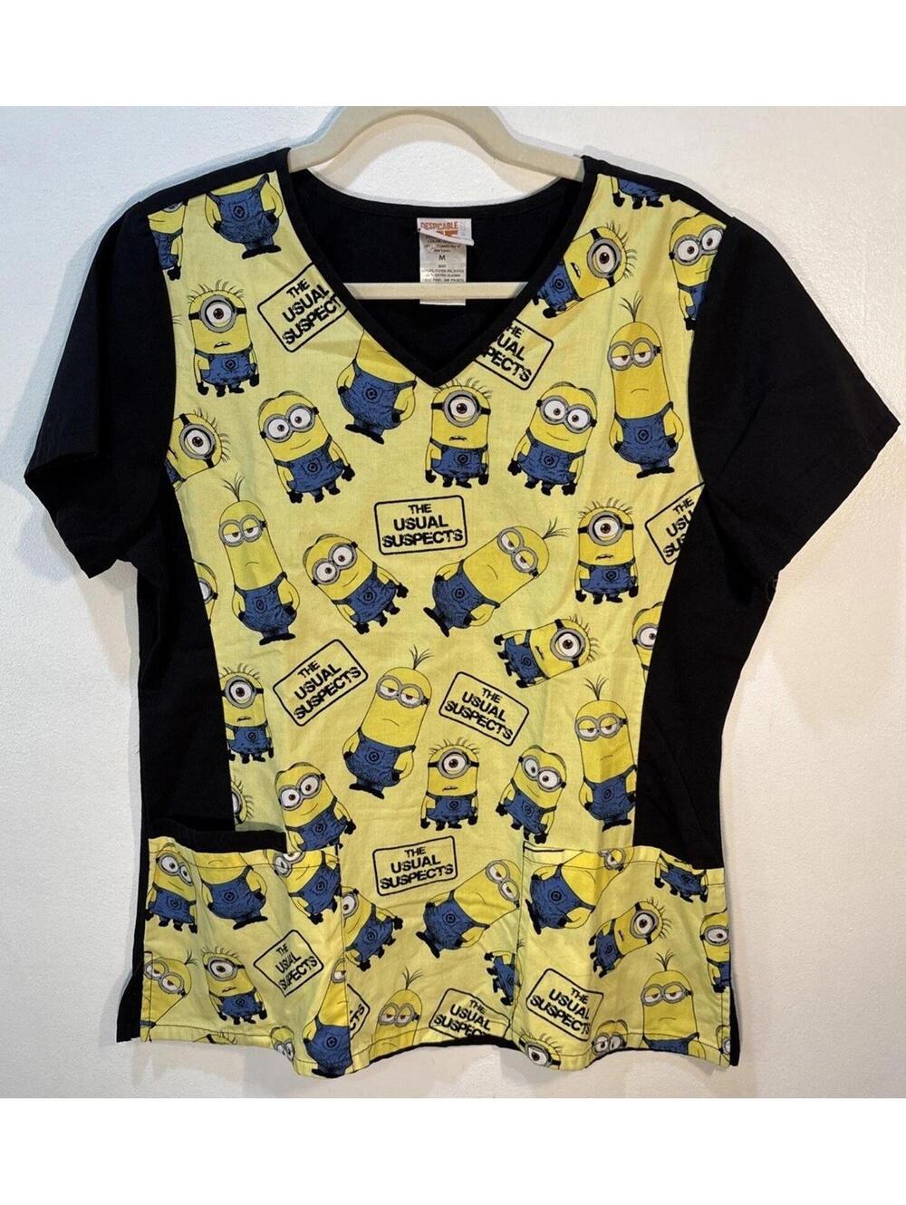 Despicable Me Minions Scrub Top Small Yellow Black All Over Print Nursing